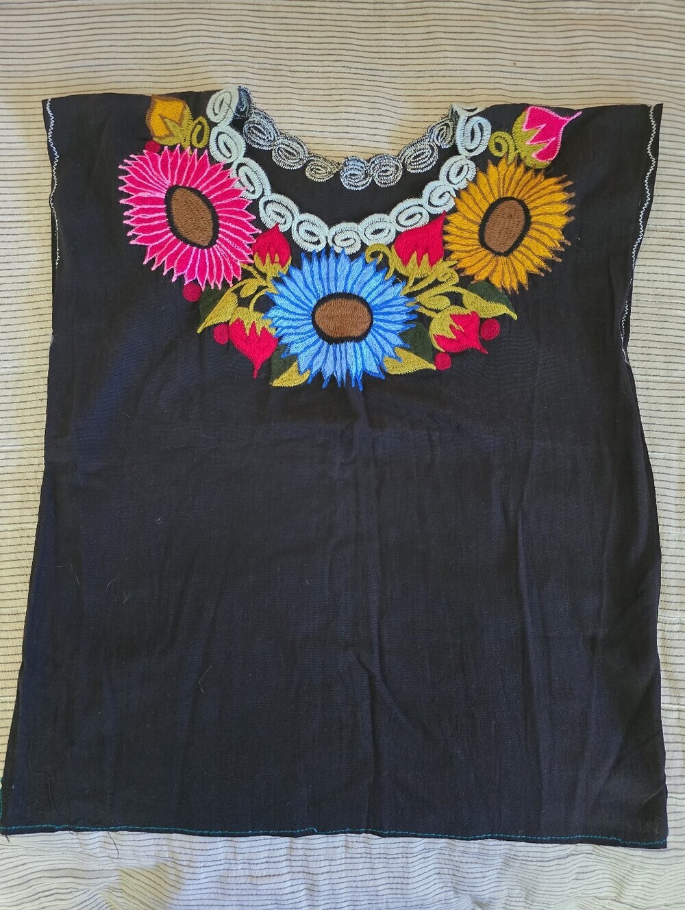 Embroidered Black Floral Mexican Blouse - Bright Sunflower Motif